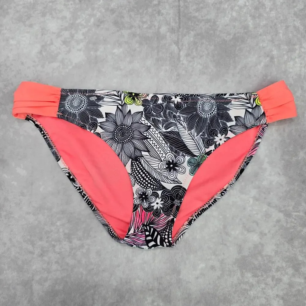 Maui and Sons Black White Pink Floral Cheeky Medium Bikini Bottom Swimwear